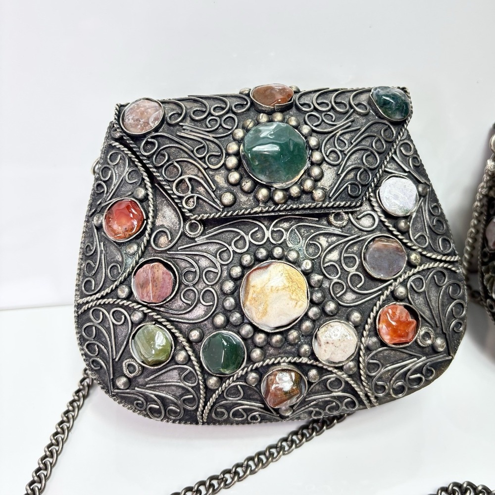 Silver Metal Purse Set 1lb 7oz Sajai Bag - Agate Stones Cocktail 1 NWT + 1 NWOT - Picture 2 of 12